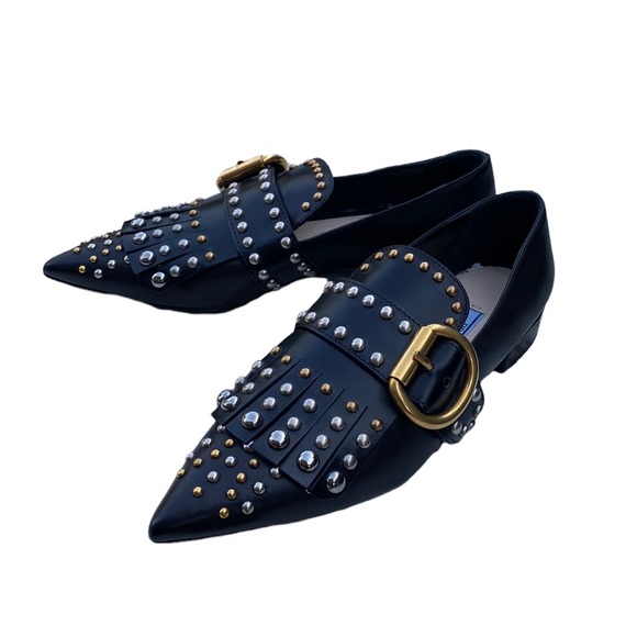 Prada Milano leather pointy toe studded fringe leather buckled flats black shoes - Picture 1 of 7
